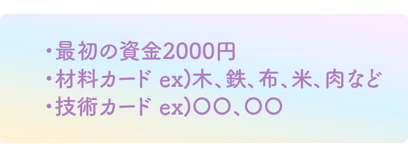 ・最初の資金2000円
・材料カード ex)木、鉄、布、米、肉など
・技術カード ex)〇〇、〇〇